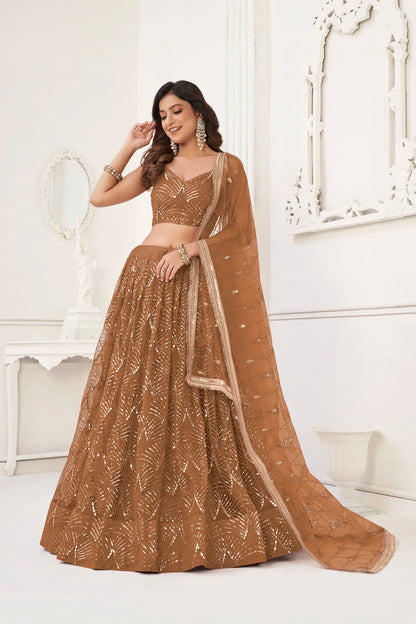 Brown Net Lehenga Choli With Thread Work, Mirror Work & Sequence Embroidery Work