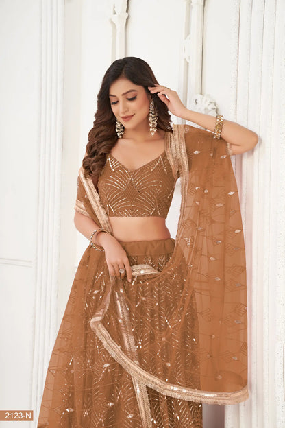 Brown Net Lehenga Choli With Thread Work, Mirror Work & Sequence Embroidery Work