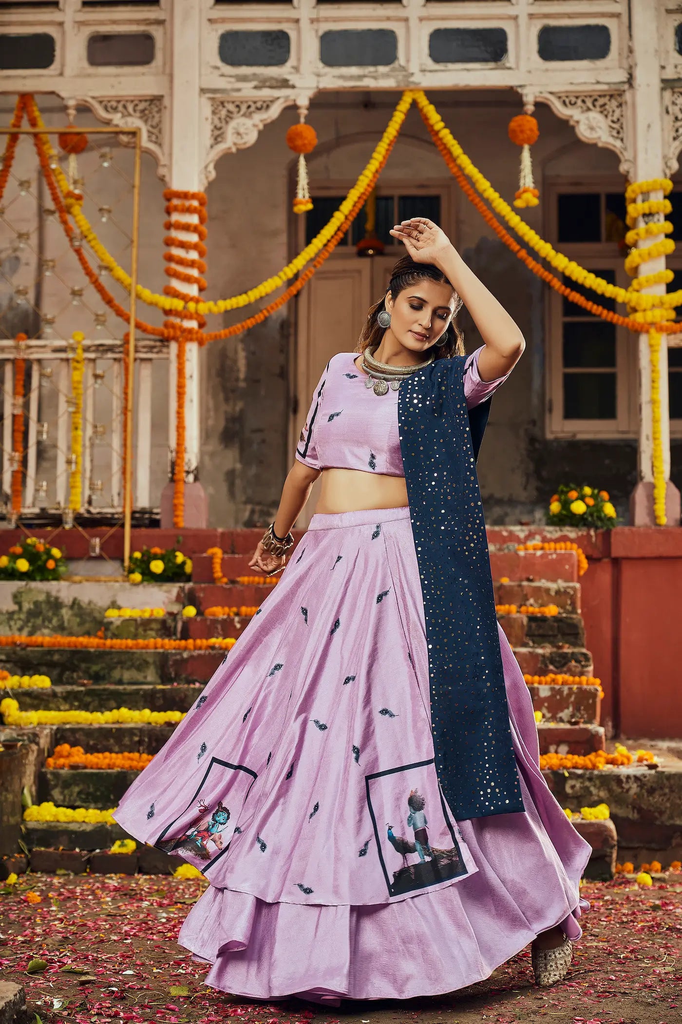 Dusty Pink Silk Navratri Lehenga Choli With Digital Print