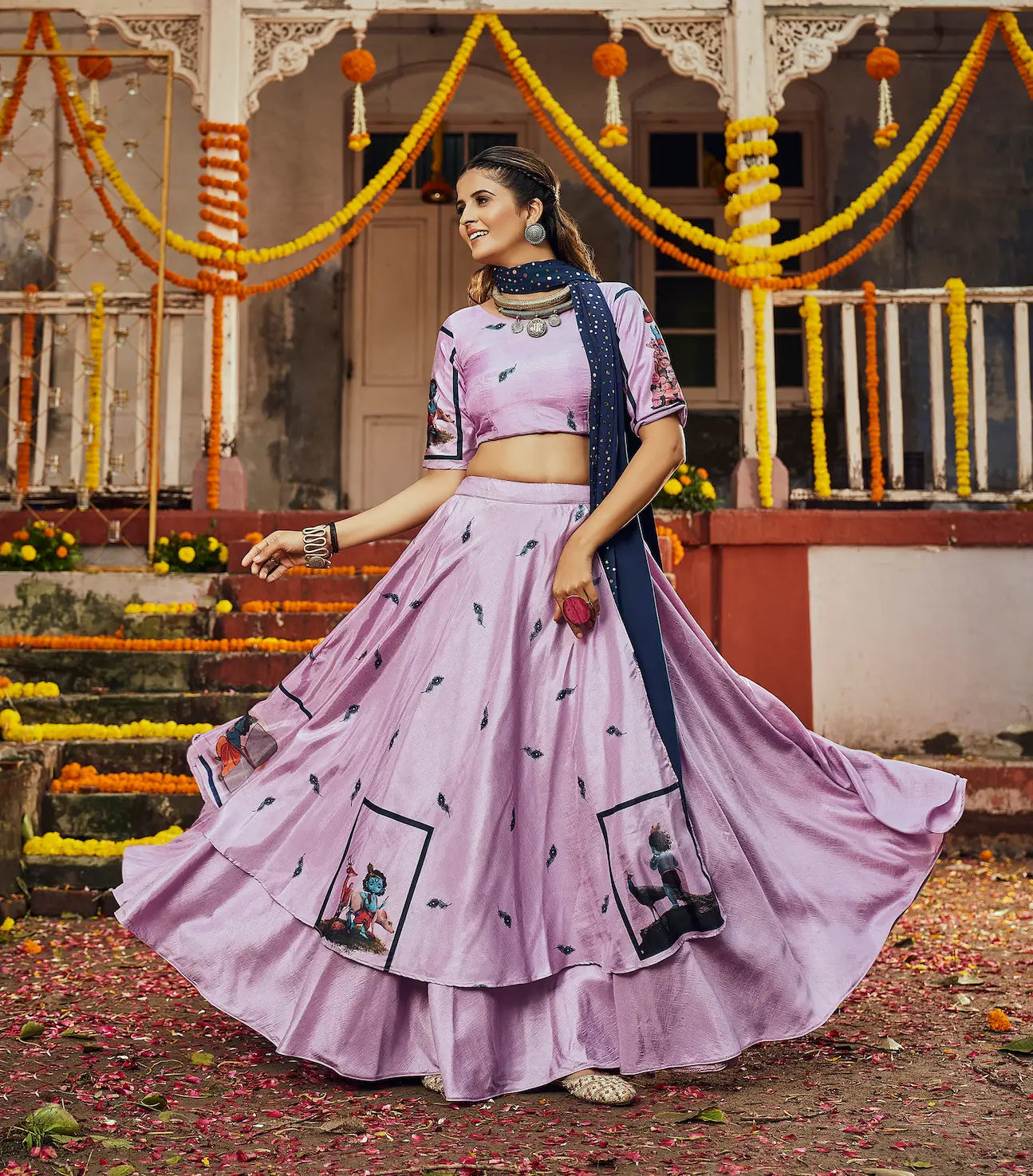 Dusty Pink Silk Navratri Lehenga Choli With Digital Print