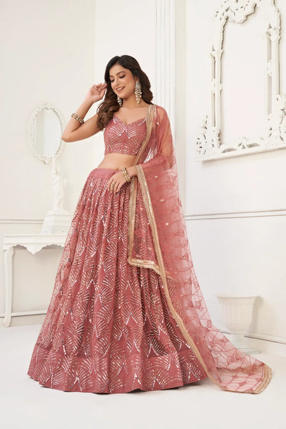 Dusty Onion Net Lehenga Choli With Thread Work, Mirror Work & Sequence Embroidery Work