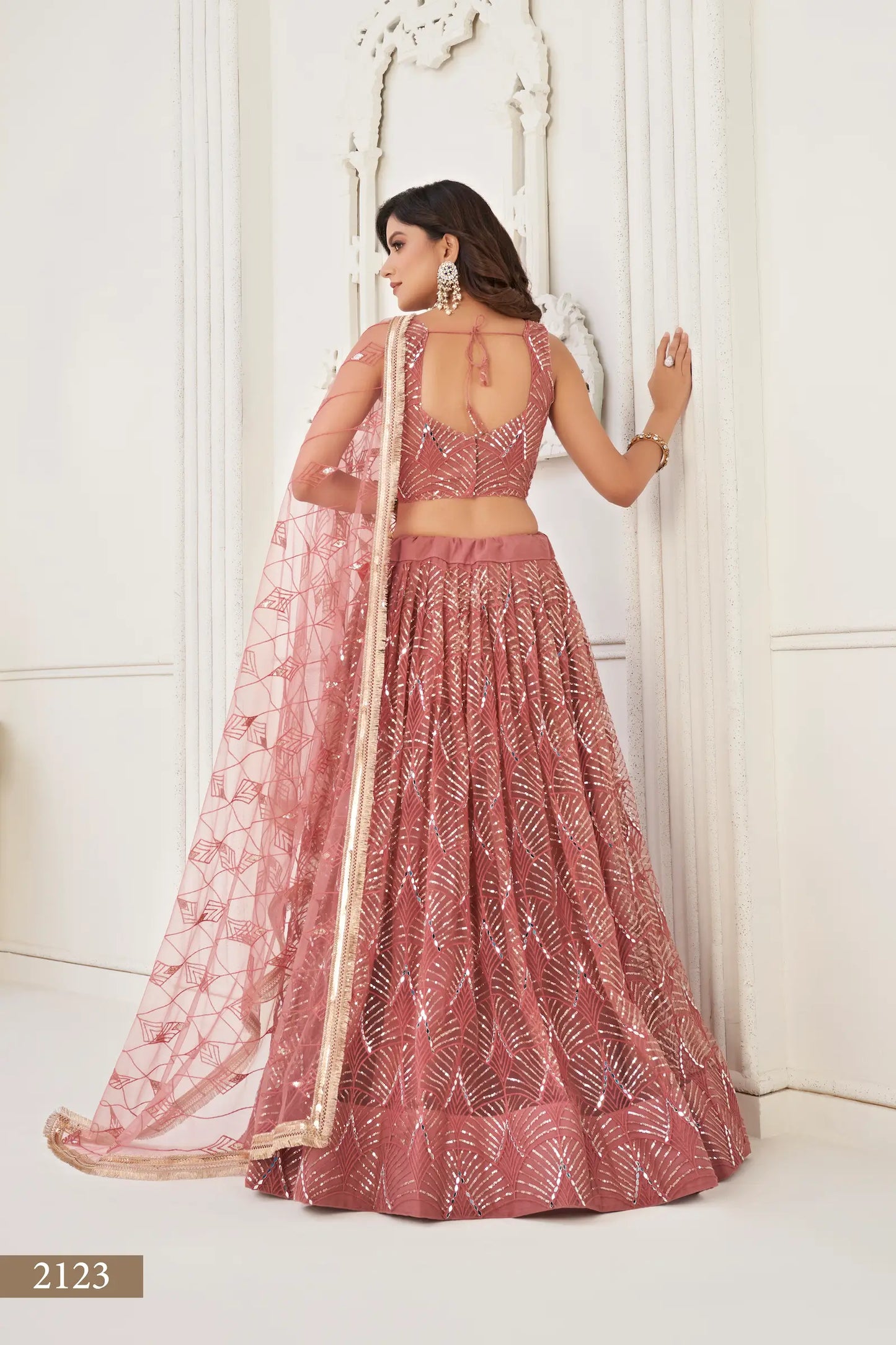 Dusty Onion Net Lehenga Choli With Thread Work, Mirror Work & Sequence Embroidery Work