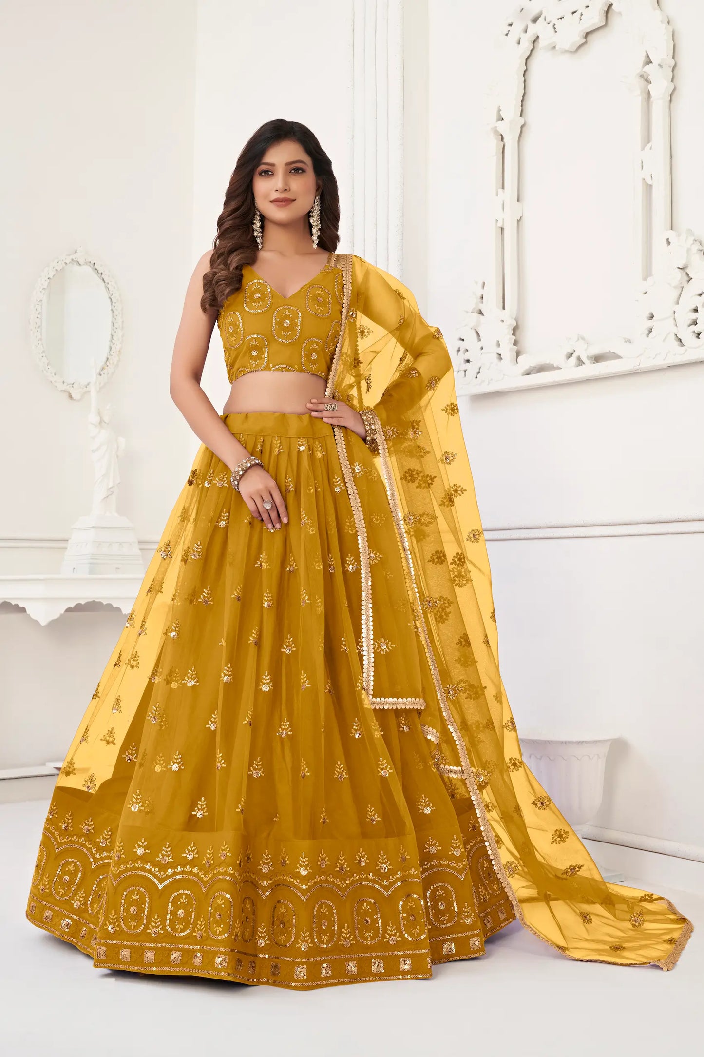 Mustard Net Lehenga Choli With Thread Work & Sequence Work