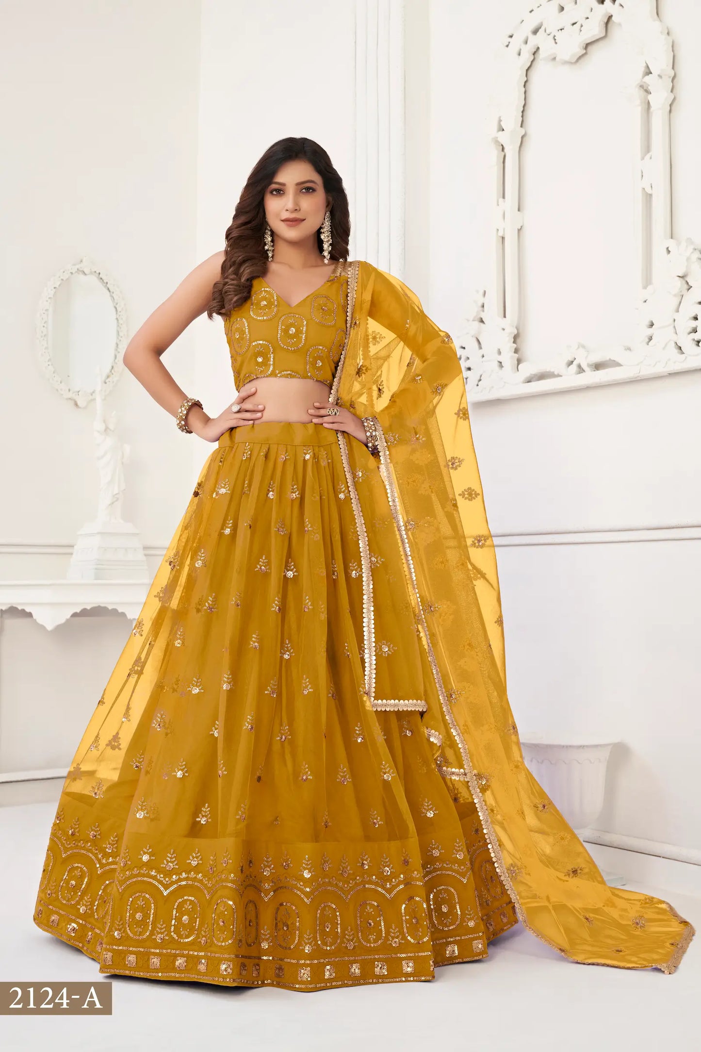 Mustard Net Lehenga Choli With Thread Work & Sequence Work