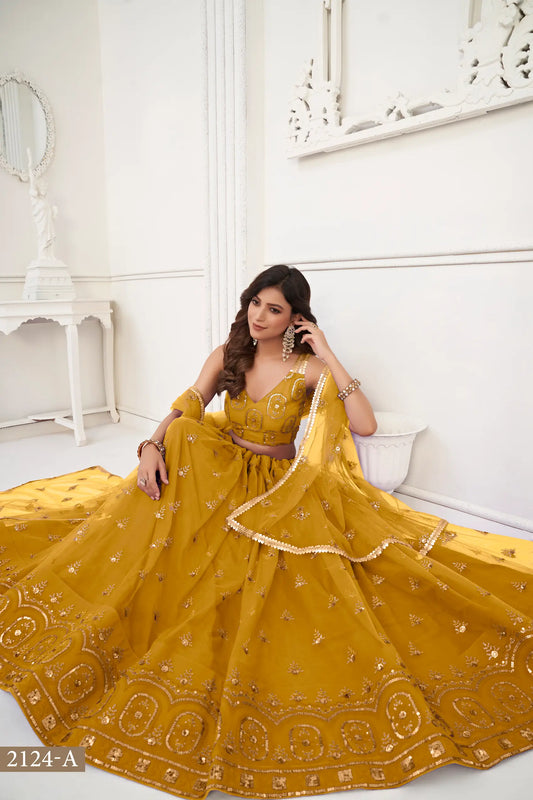 Mustard Net Lehenga Choli With Thread Work & Sequence Work