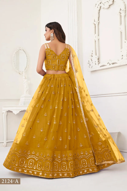 Mustard Net Lehenga Choli With Thread Work & Sequence Work