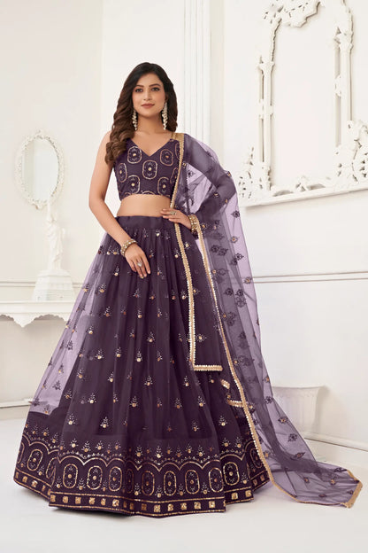 Dusty Wine Net Lehenga Choli With Thread Work & Sequence Work