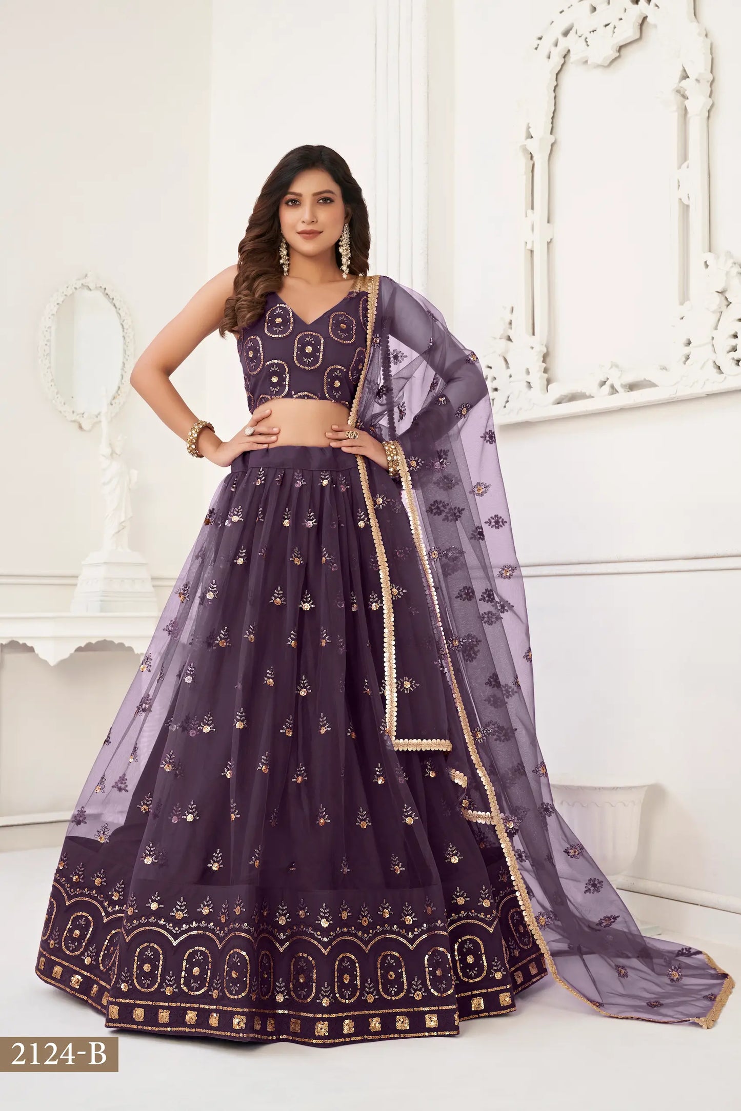 Dusty Wine Net Lehenga Choli With Thread Work & Sequence Work