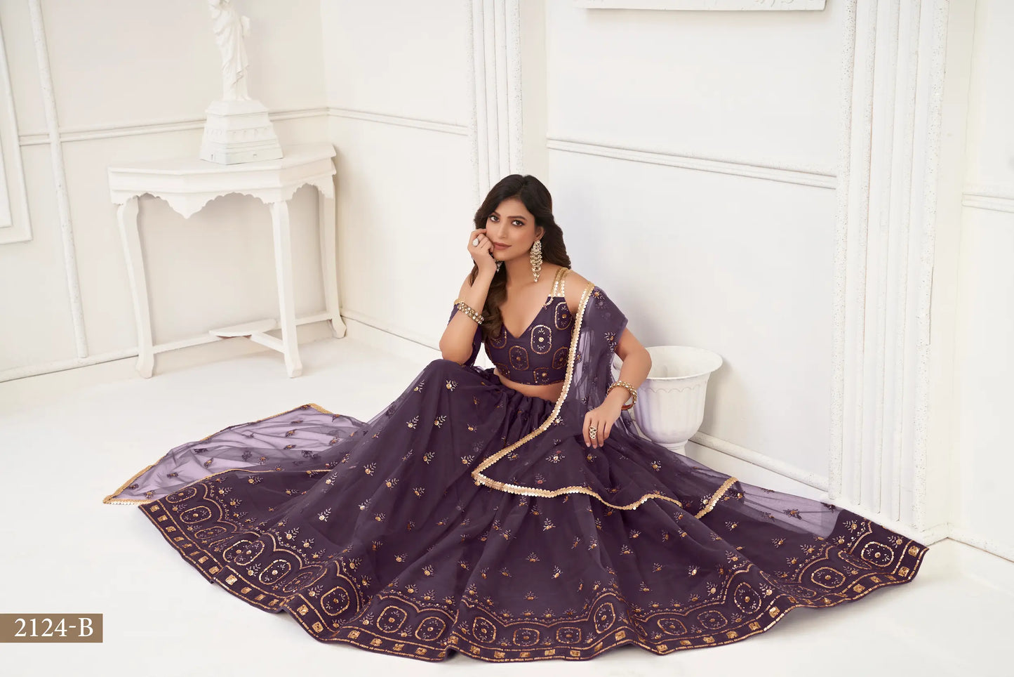 Dusty Wine Net Lehenga Choli With Thread Work & Sequence Work