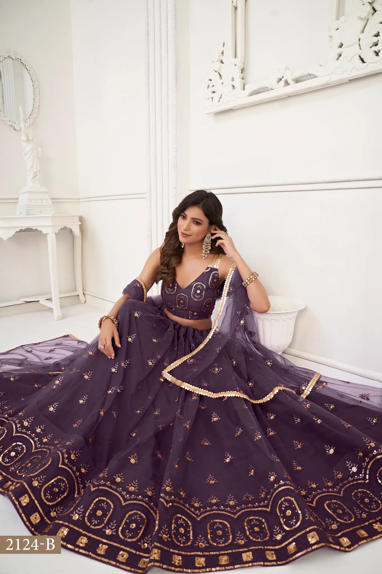 Dusty Wine Net Lehenga Choli With Thread Work & Sequence Work