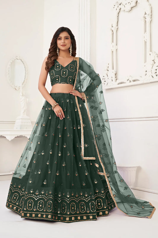 Dark Green Net Lehenga Choli With Thread Work & Sequence Work
