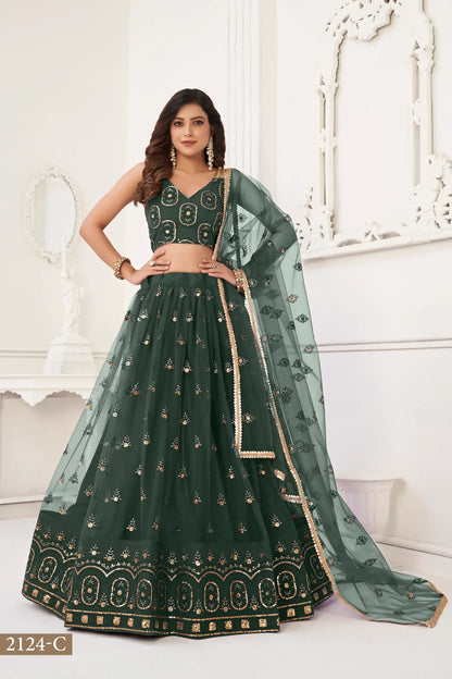 Dark Green Net Lehenga Choli With Thread Work & Sequence Work