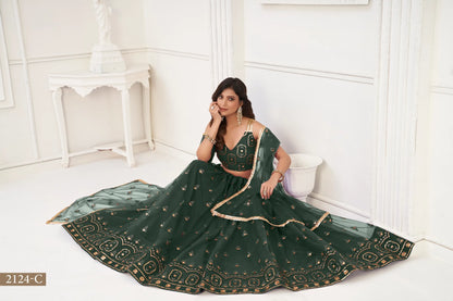 Dark Green Net Lehenga Choli With Thread Work & Sequence Work