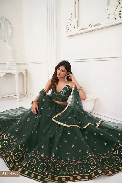Dark Green Net Lehenga Choli With Thread Work & Sequence Work