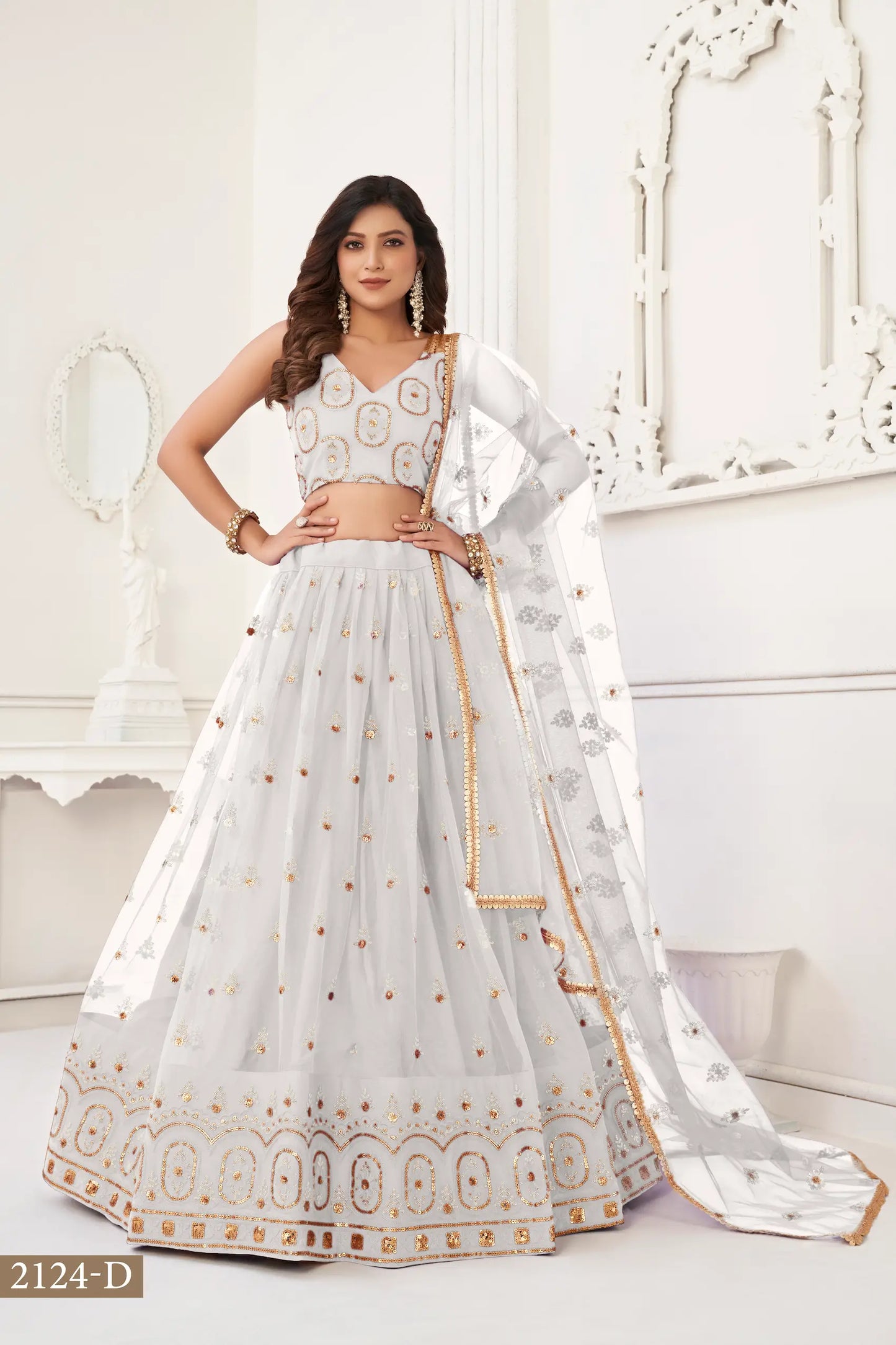 Off White Net Lehenga Choli With Thread Work & Sequence Work