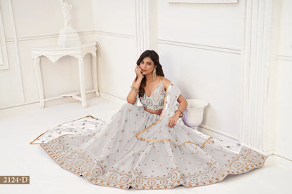 Off White Net Lehenga Choli With Thread Work & Sequence Work