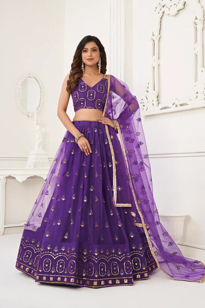 Purple Net Lehenga Choli With Thread Work & Sequence Work