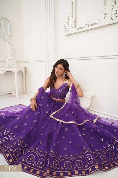 Purple Net Lehenga Choli With Thread Work & Sequence Work