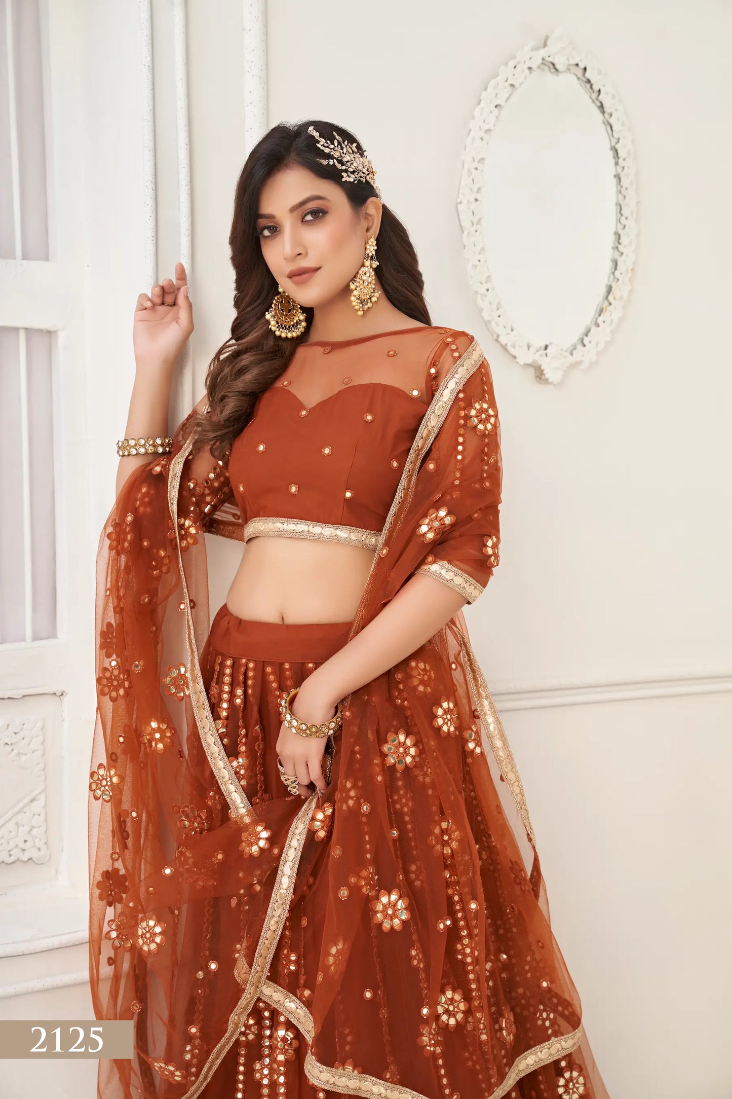 Brown Net Lehenga Choli With Thread Work & Paper Mirror Work With Fancy Lace