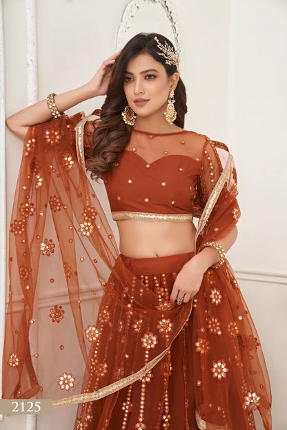 Brown Net Lehenga Choli With Thread Work & Paper Mirror Work With Fancy Lace