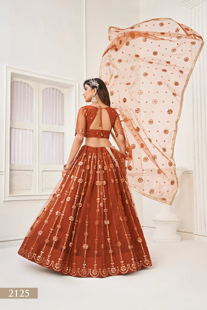 Brown Net Lehenga Choli With Thread Work & Paper Mirror Work With Fancy Lace