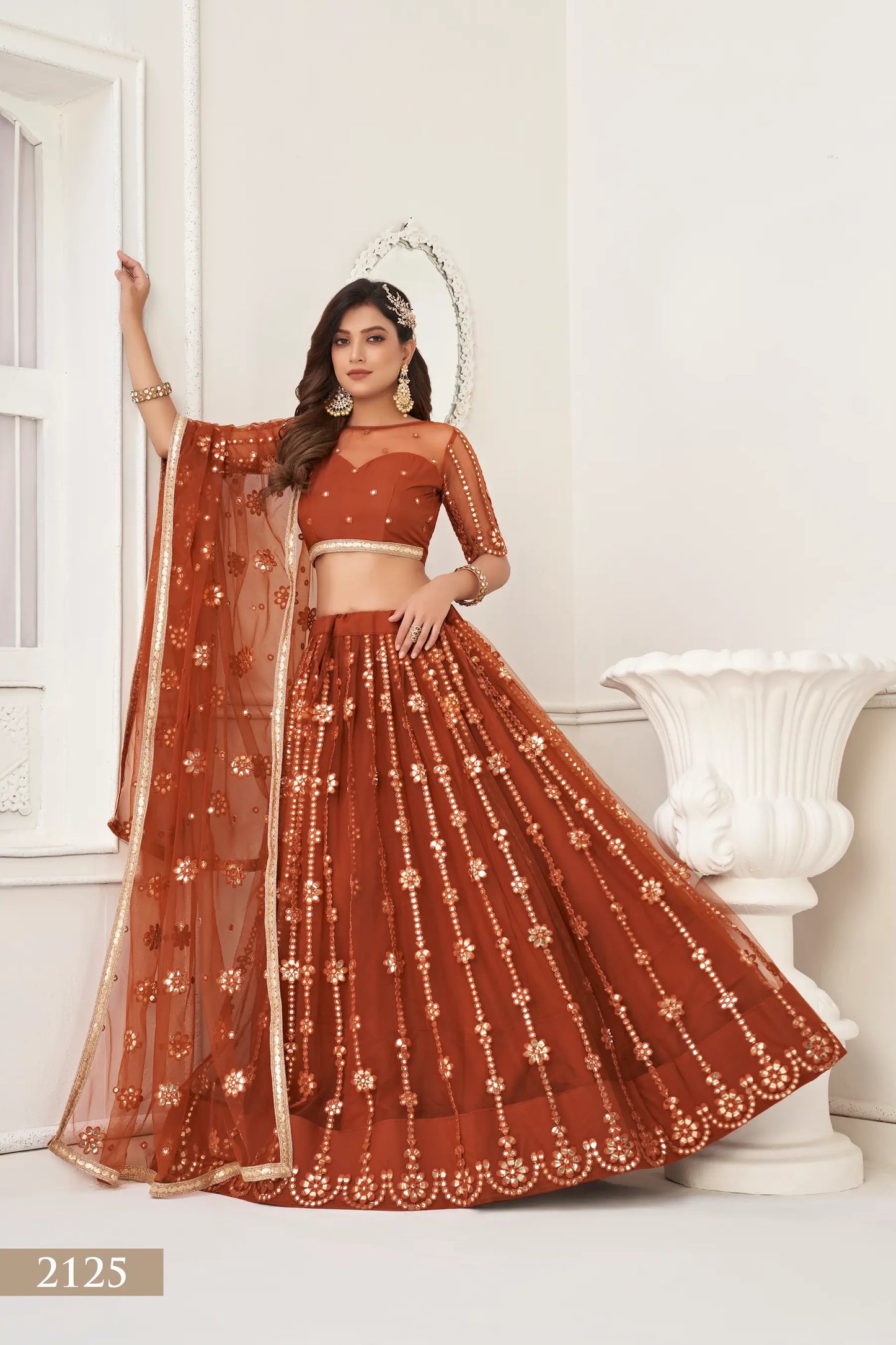 Brown Net Lehenga Choli With Thread Work & Paper Mirror Work With Fancy Lace