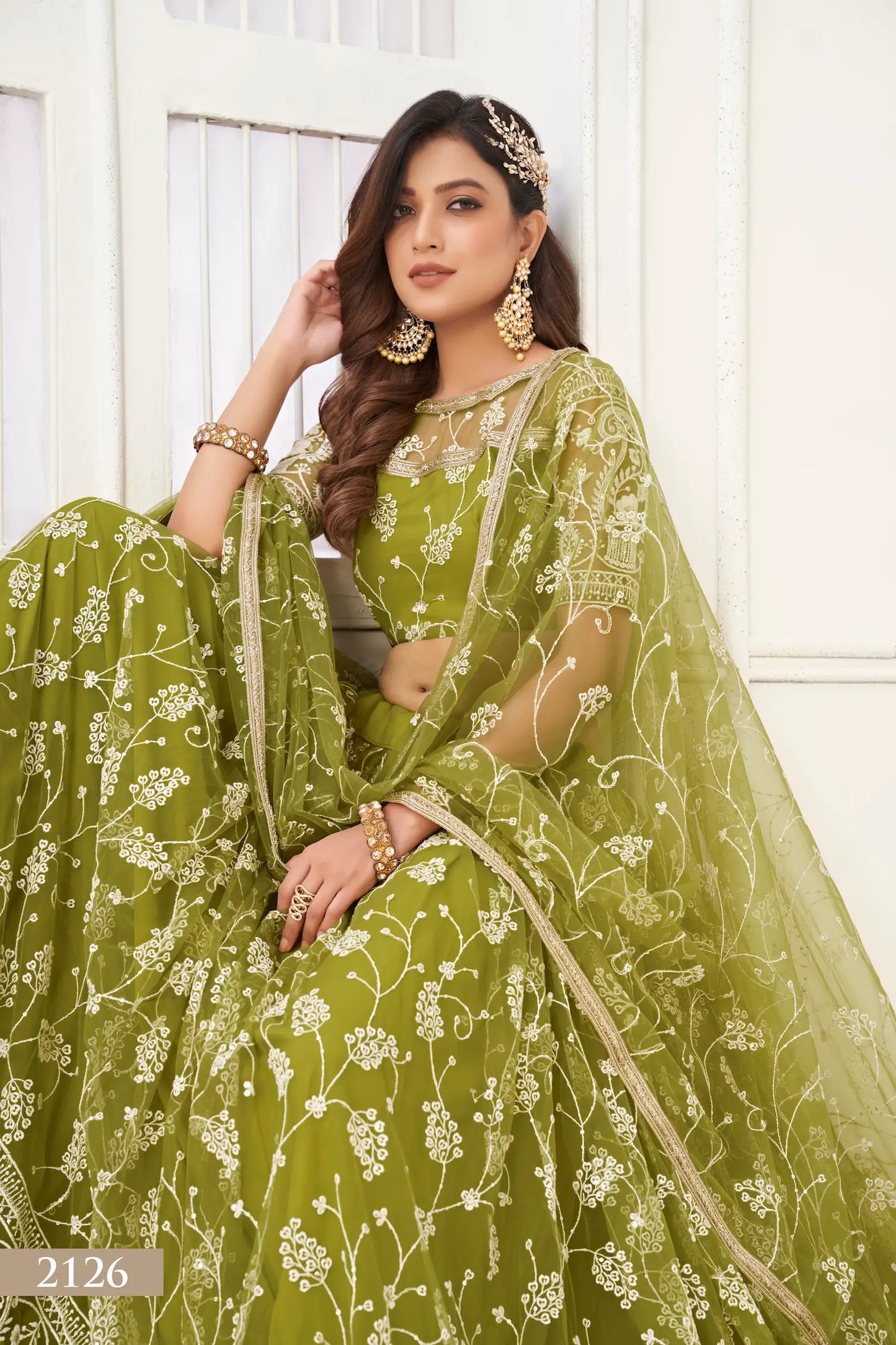 Olive Green Net Lehenga Choli With White Cotton Thread Work, Zari Work & Sequence Work