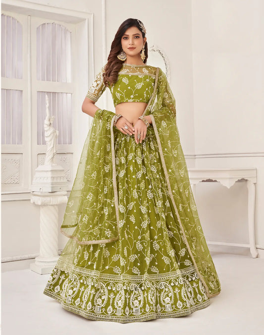 Olive Green Net Lehenga Choli With White Cotton Thread Work, Zari Work & Sequence Work