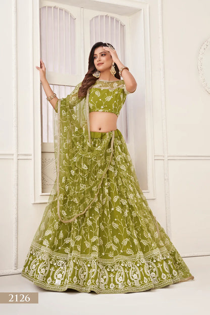 Olive Green Net Lehenga Choli With White Cotton Thread Work, Zari Work & Sequence Work