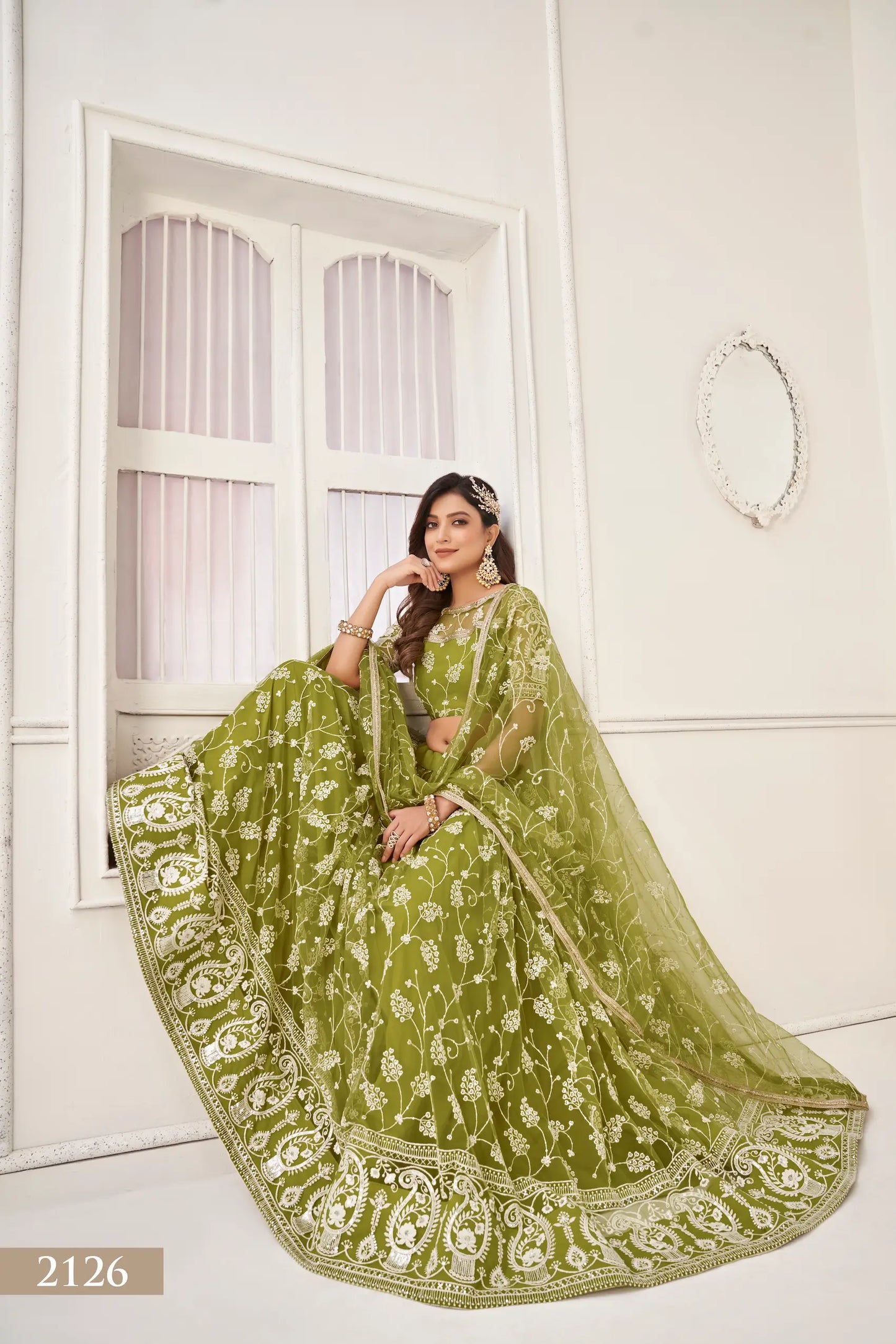 Olive Green Net Lehenga Choli With White Cotton Thread Work, Zari Work & Sequence Work