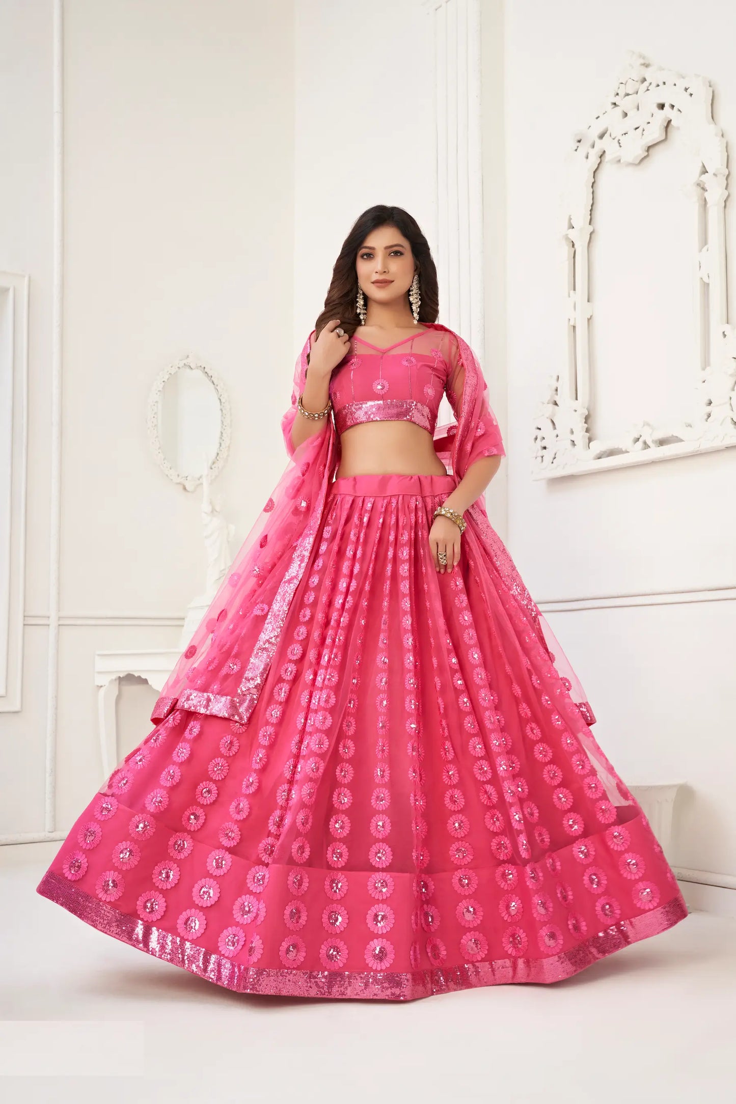 Bright Pink Net Lehenga Choli With Cotton Thread Work & Sequence Embroidery Work