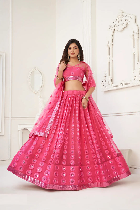 Bright Pink Net Lehenga Choli With Cotton Thread Work & Sequence Embroidery Work