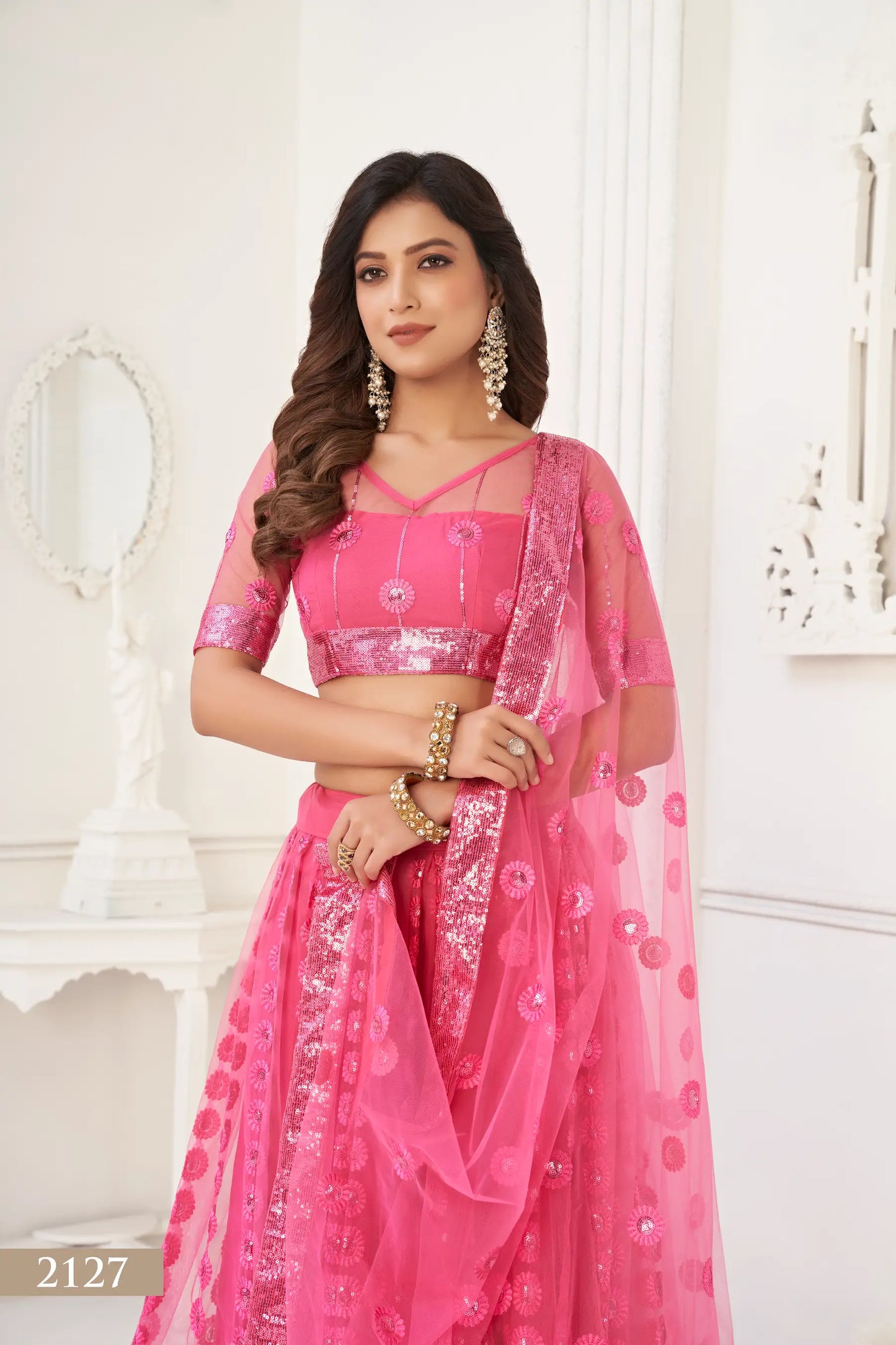 Bright Pink Net Lehenga Choli With Cotton Thread Work & Sequence Embroidery Work