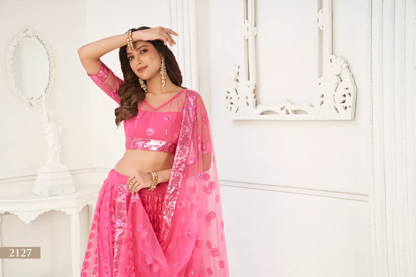 Bright Pink Net Lehenga Choli With Cotton Thread Work & Sequence Embroidery Work
