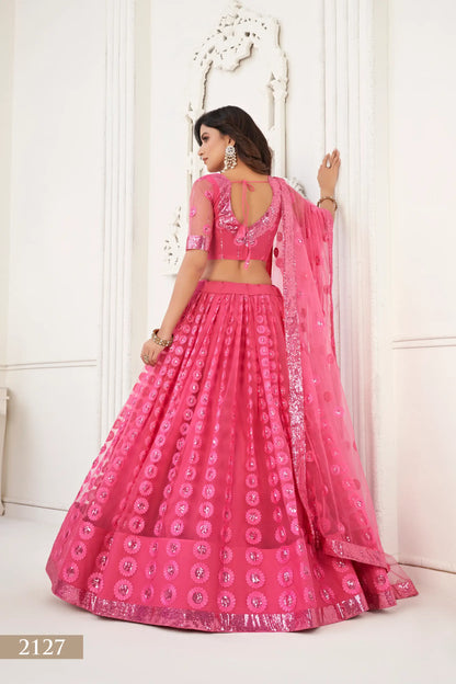 Bright Pink Net Lehenga Choli With Cotton Thread Work & Sequence Embroidery Work