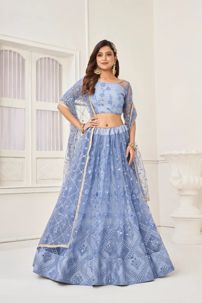 Sky Blue Net Lehenga Choli With Cotton Thread Work & Sequence Embroidery Work