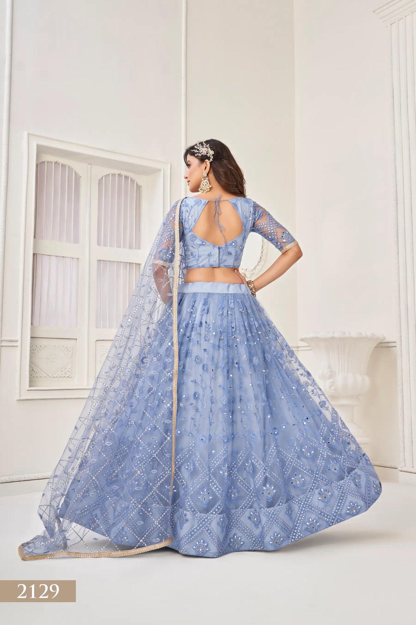 Sky Blue Net Lehenga Choli With Cotton Thread Work & Sequence Embroidery Work