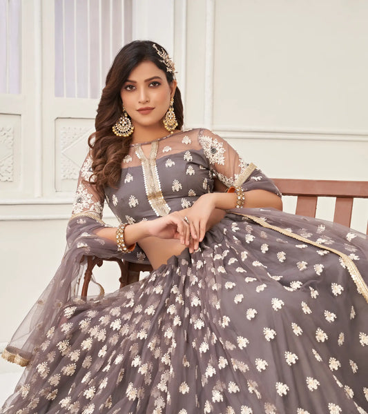 Space Grey Net Lehenga Choli With Cotton Thread Work & Sequence Embroidery Work
