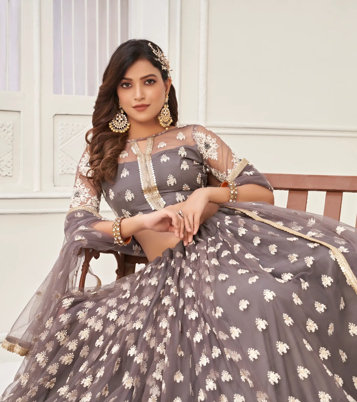 Space Grey Net Lehenga Choli With Cotton Thread Work & Sequence Embroidery Work