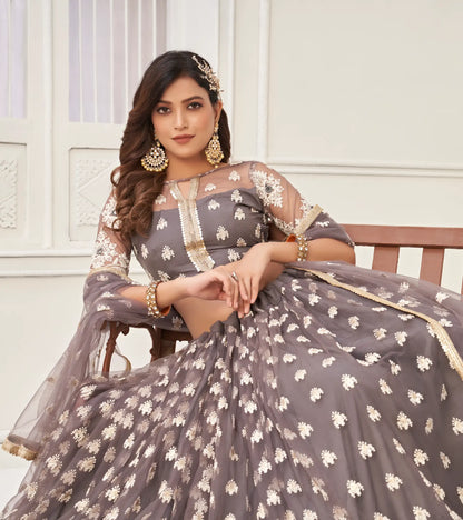 Space Grey Net Lehenga Choli With Cotton Thread Work & Sequence Embroidery Work