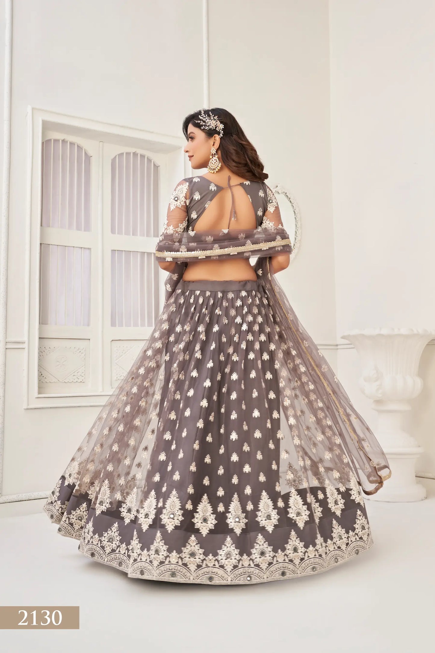 Space Grey Net Lehenga Choli With Cotton Thread Work & Sequence Embroidery Work