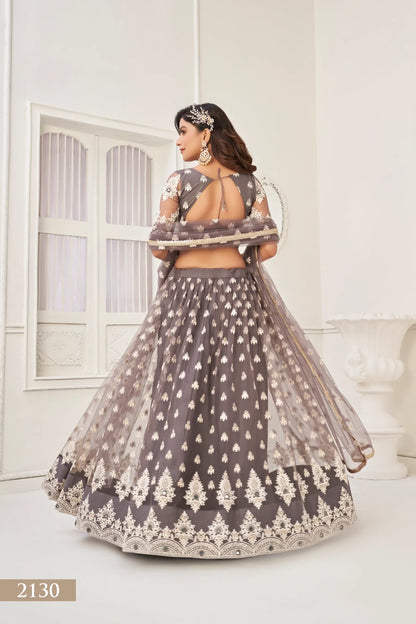 Space Grey Net Lehenga Choli With Cotton Thread Work & Sequence Embroidery Work