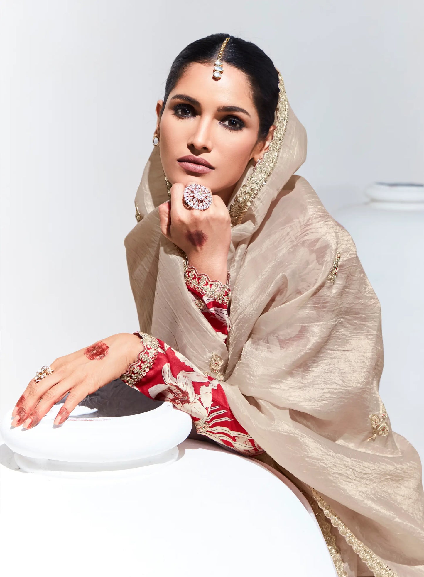 Beige Glass Organza Saree With Digital Print,  Sequence & Thread Embroidery Work