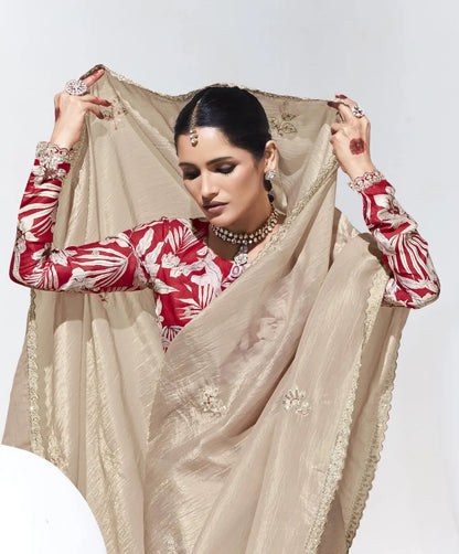 Beige Glass Organza Saree With Digital Print,  Sequence & Thread Embroidery Work