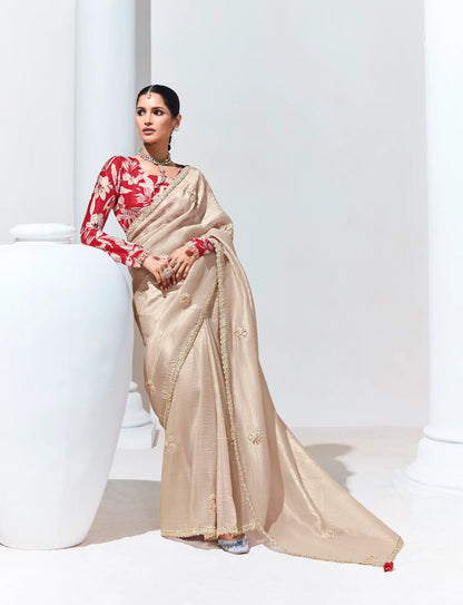 Beige Glass Organza Saree With Digital Print,  Sequence & Thread Embroidery Work