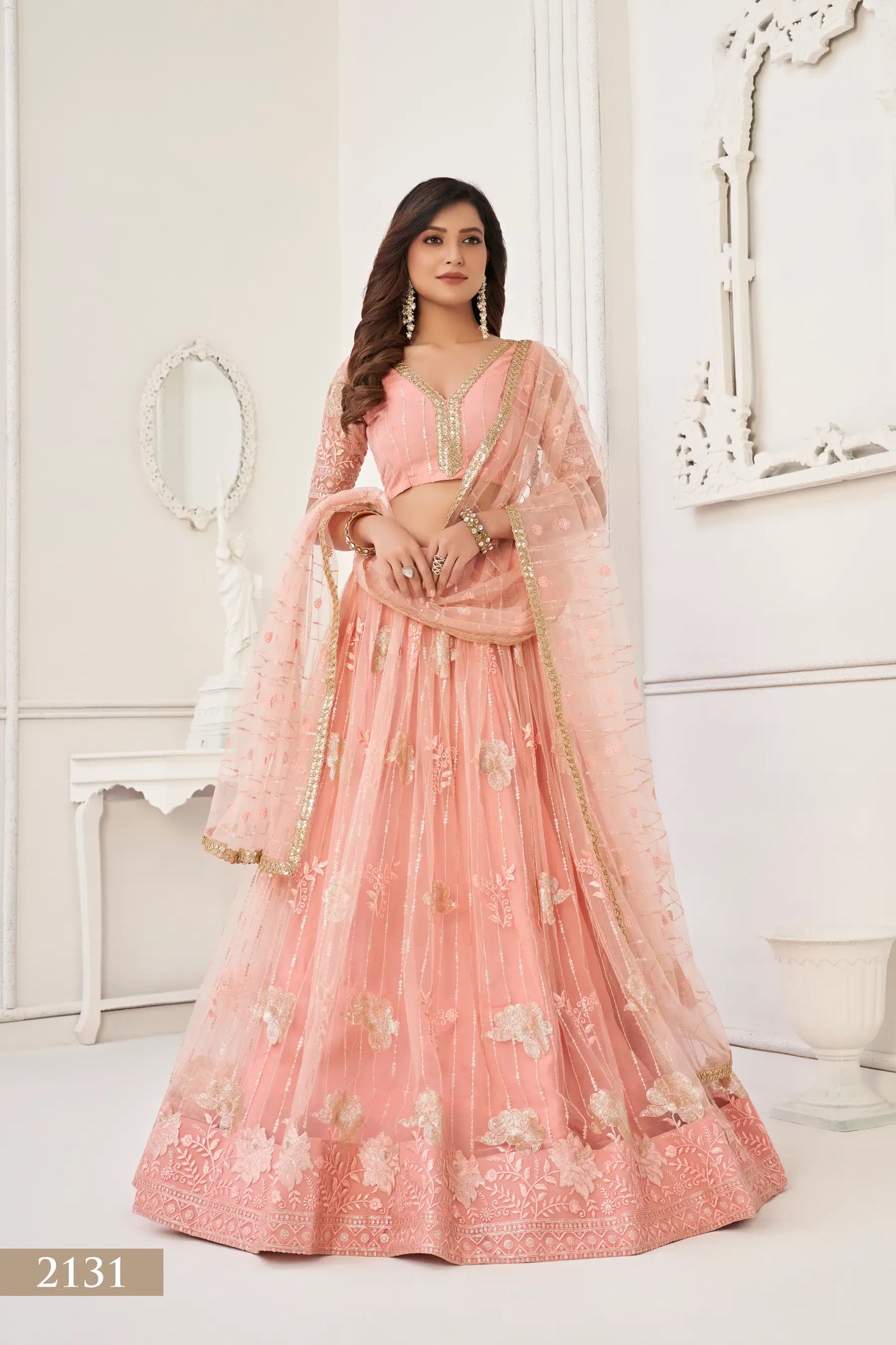 Peach Net Lehenga Choli With Cotton Thread Work & Sequence Embroidery Work