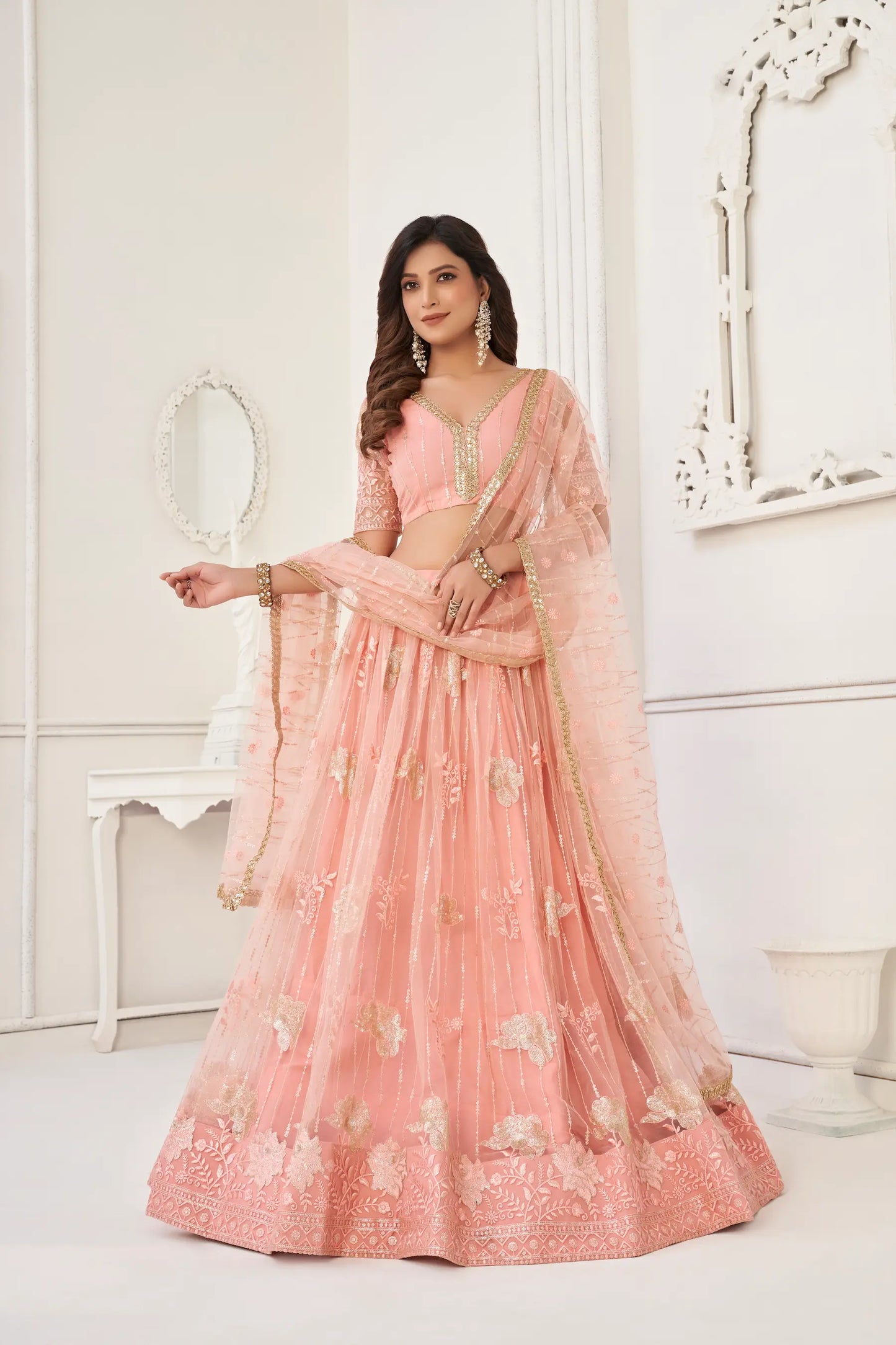 Peach Net Lehenga Choli With Cotton Thread Work & Sequence Embroidery Work