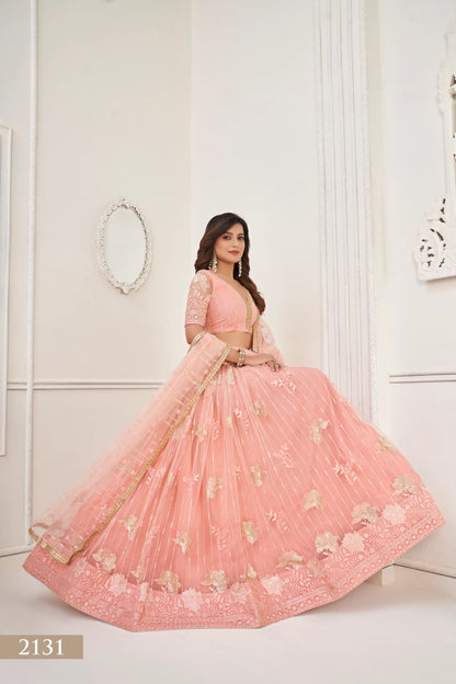 Peach Net Lehenga Choli With Cotton Thread Work & Sequence Embroidery Work