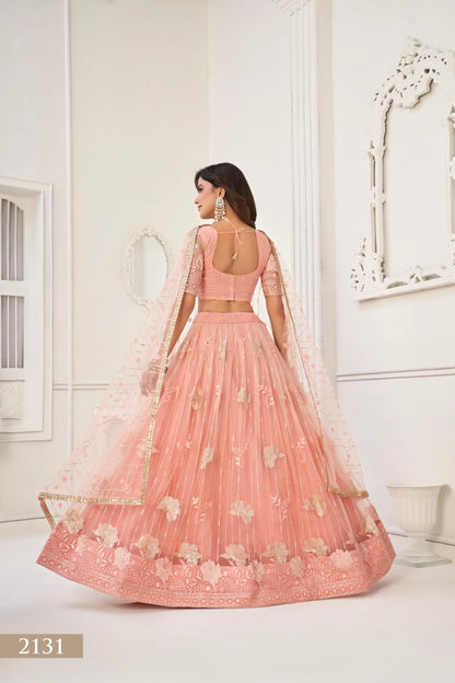 Peach Net Lehenga Choli With Cotton Thread Work & Sequence Embroidery Work