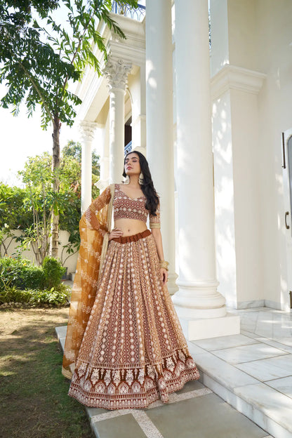 Brown Net Lehenga Choli With Cotton Thread Work & Sequence Embroidery Work